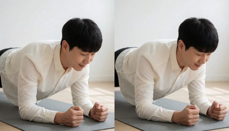 올바른 플랭크 자세와 허리가 꺾인 잘못된 자세를 나란히 비교한 모습