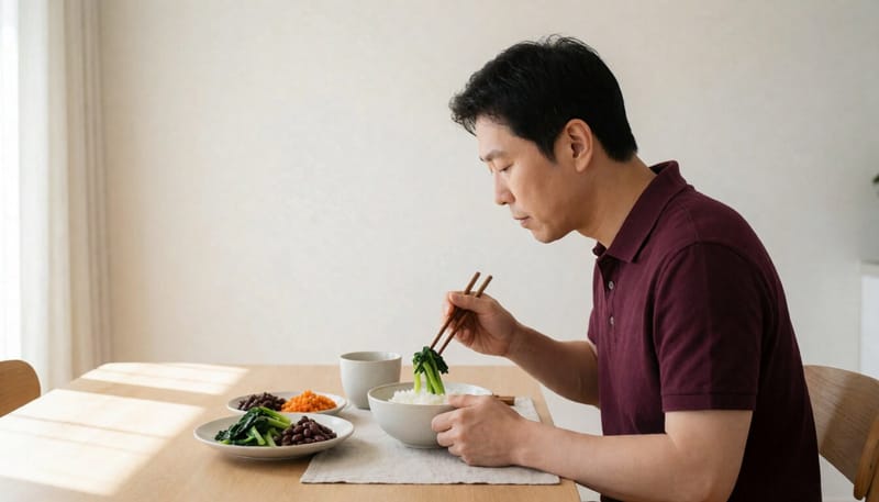 채소와 콩류를 먼저 먹는 남성의 식사 모습