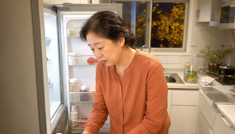 가을 저녁 냉장고를 열고 고민하는 여성의 모습