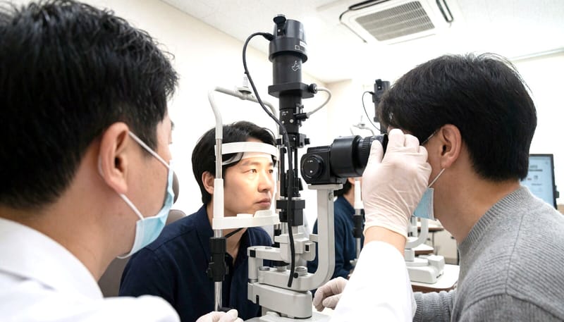 세극등현미경으로 눈물막 상태를 검사하는 모습