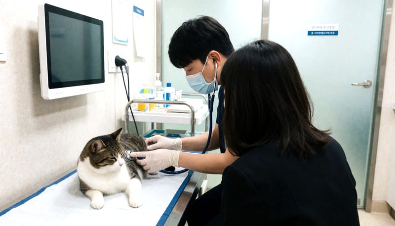 동물병원 진료대에서 청진기로 호흡을 확인받는 고양이