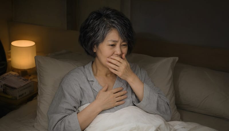 밤에 속쓰림으로 잠에서 깬 여성의 모습