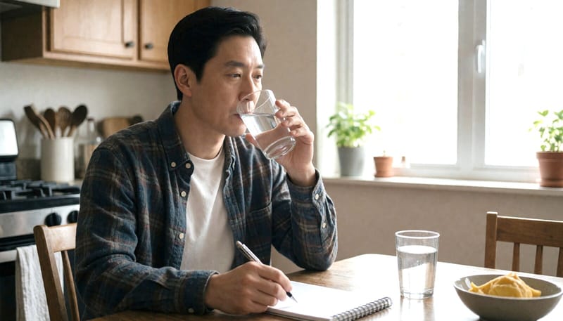 말 대신 물을 마시며 목소리를 쉬게 하는 남성