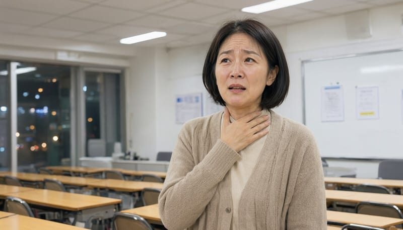 목을 감싸며 힘겹게 말을 멈춘 교사의 모습