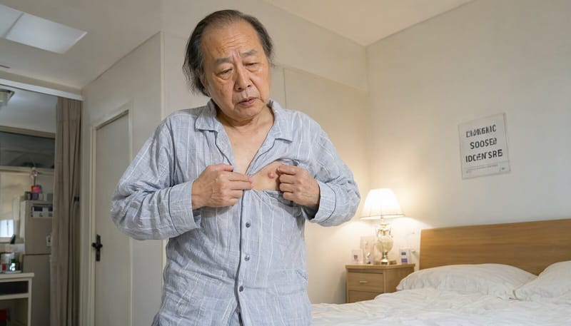 탈모약을 복용하던 중년 남성이 가슴에 생긴 멍울을 만져보는 모습