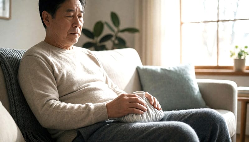 수술 후 집에서 냉찜질하며 휴식을 취하는 남성