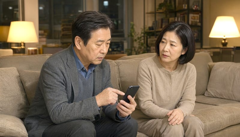 거실 소파에서 가족계획을 상의하는 중년 부부