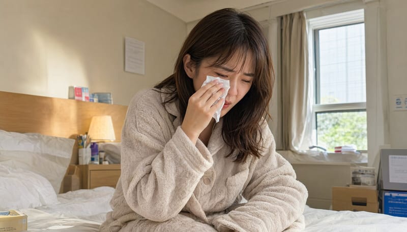 눈이 충혈된 여성이 아침에 눈가를 만지고 있는 모습