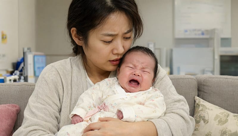 쉰 목소리로 우는 신생아를 안고 걱정하는 보호자