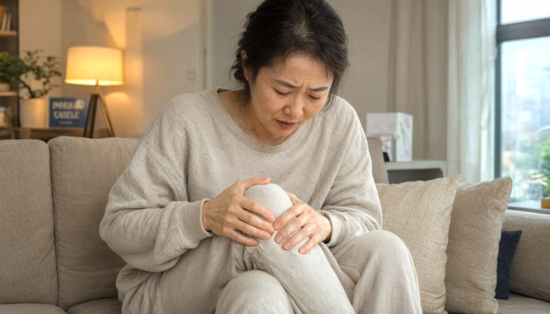 무릎 통증을 참으며 손으로 짚고 있는 여성