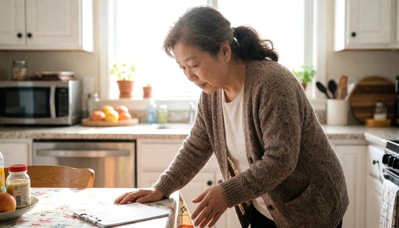 식탁을 짚고 팔을 늘어뜨려 추시운동을 하는 여성