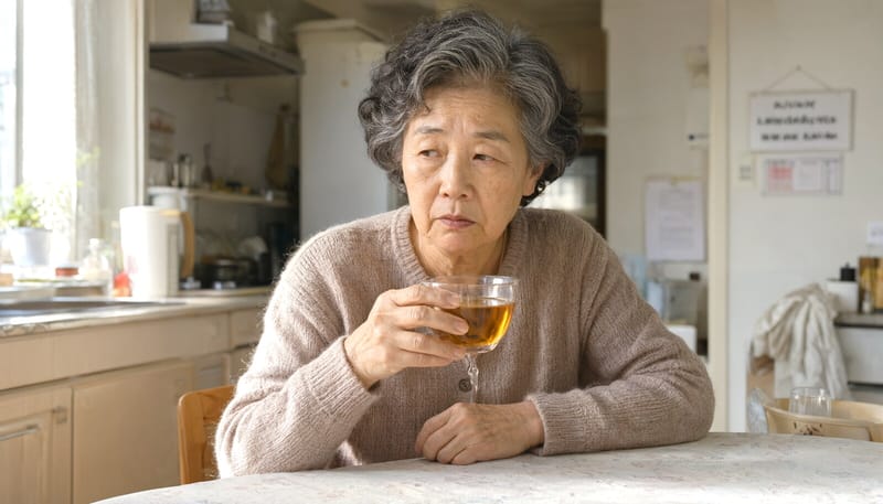 집에서 찻잔을 든 손이 가늘게 떨리는 모습