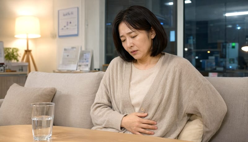 속이 더부룩해 배를 짚고 있는 중년 여성