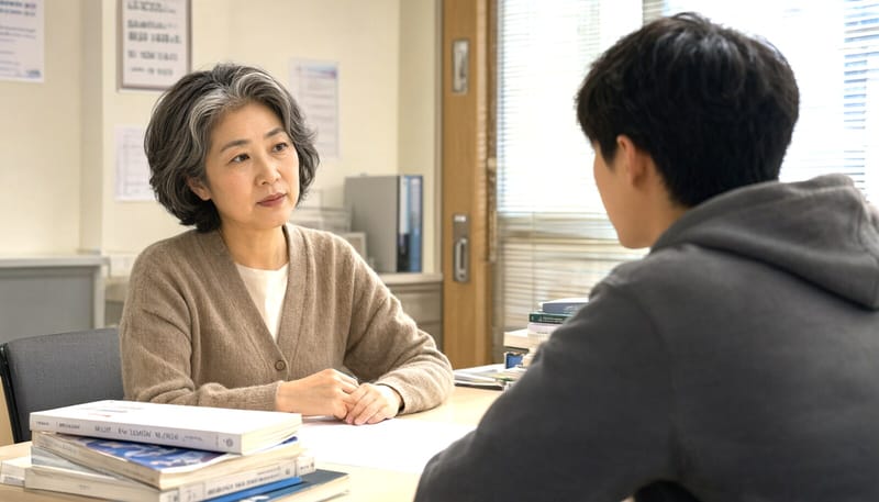 학교 상담실에서 학생과 대화하는 상담교사 뒷모습