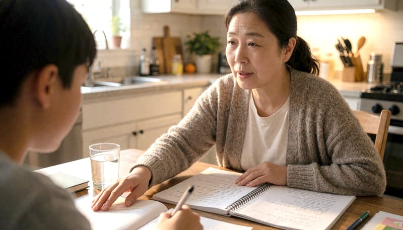 저녁에 자녀의 학습을 도와주는 어머니의 모습
