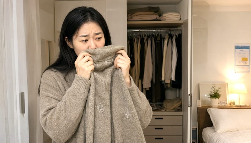 옷장에서 꺼낸 니트를 살펴보며 곰팡이 냄새를 확인하는 여성