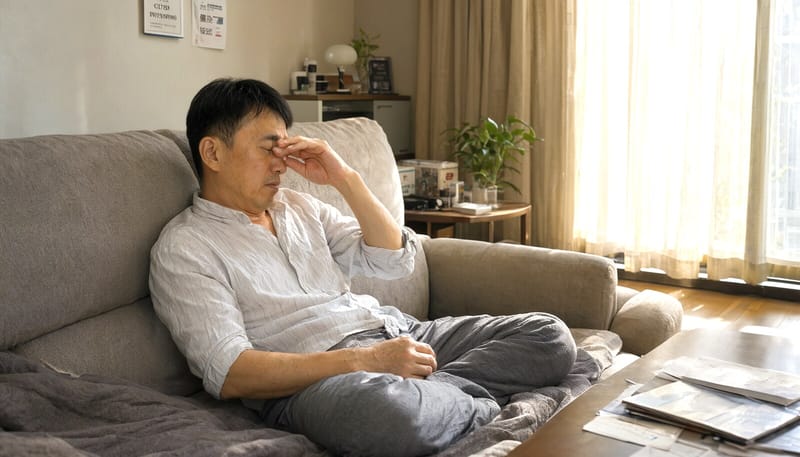긴 낮잠에서 깬 뒤 멍한 표정으로 앉아있는 남성