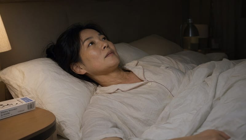 밤에 잠들지 못해 침대에 누워 눈을 뜨고 있는 여성