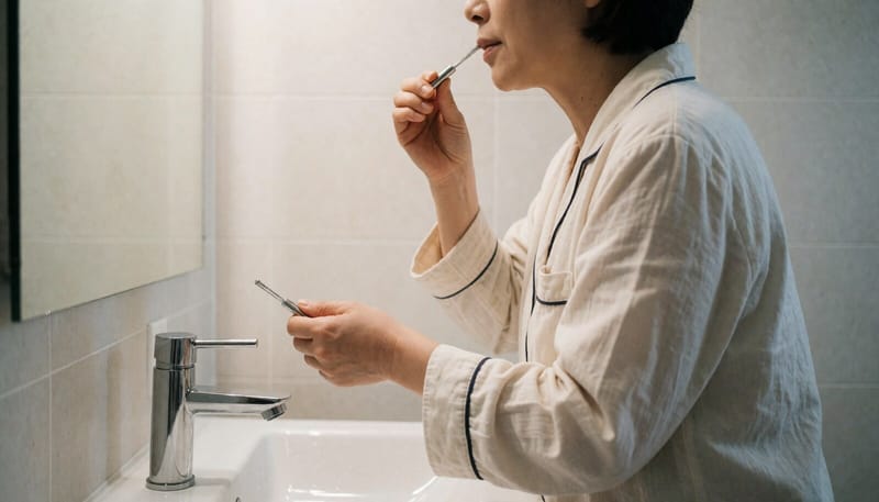 욕실에서 혀클리너로 설태를 닦아내는 여성