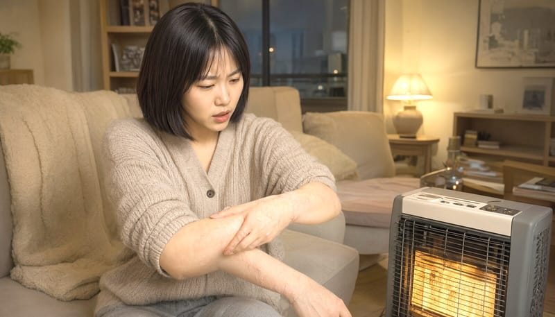 난방기 앞에서 건조해진 팔을 긁는 여성