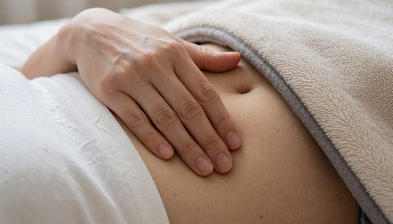 복부 팽만을 손으로 짚어보는 여성의 복부 클로즈업