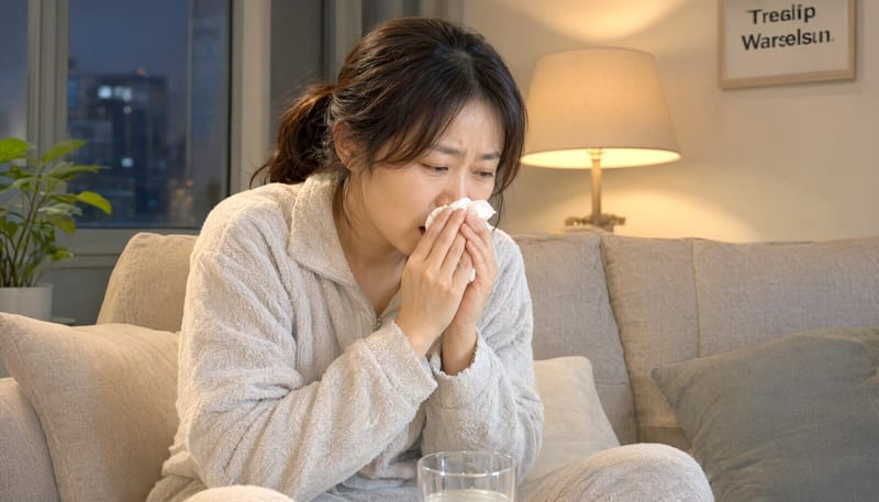 마른 기침을 하며 피로한 표정으로 소파에 앉아 있는 여성