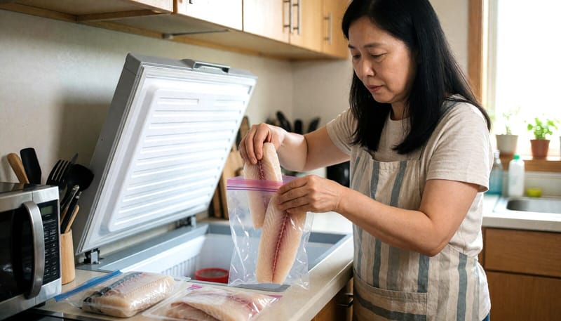 생선을 얼려 아니사키스 유충을 없애는 모습