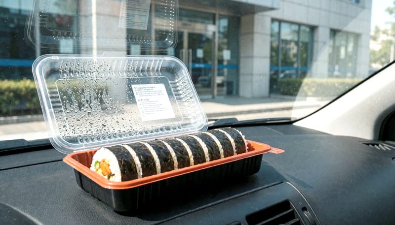 뜨거운 차 안 대시보드에 방치된 김밥 용기