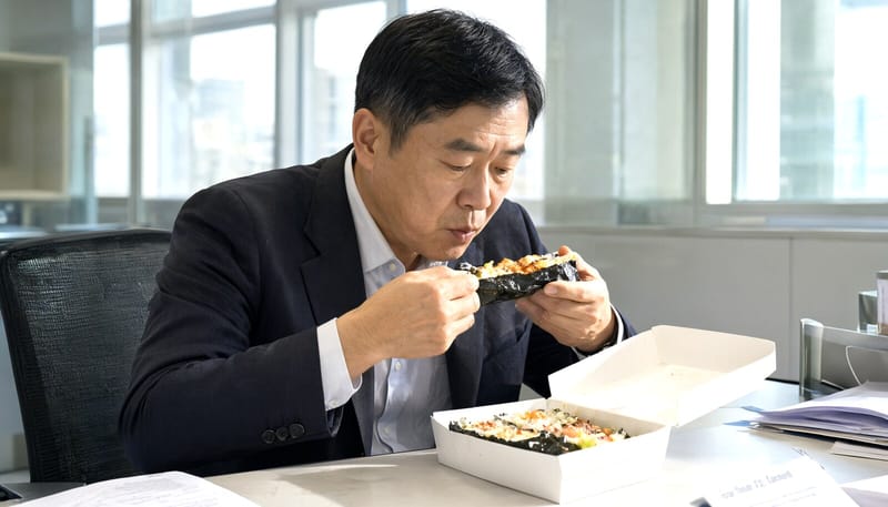 사무실 책상에서 서둘러 김밥을 먹는 남성