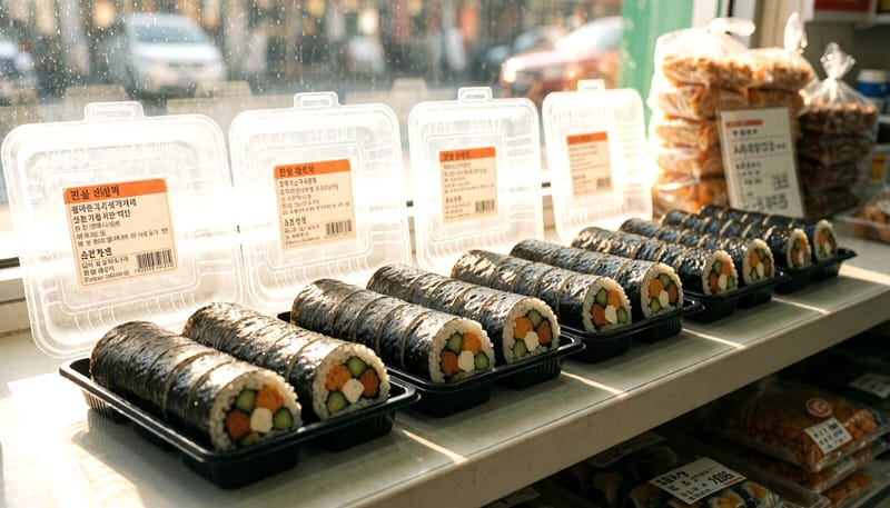 냉장 설비 없이 실온에 진열된 김밥