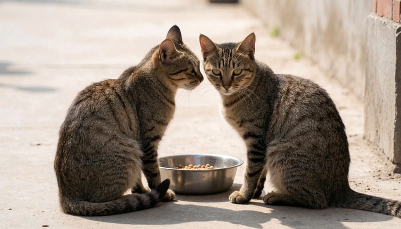 길고양이 두 마리가 가까이 접촉하며 그루밍하는 모습