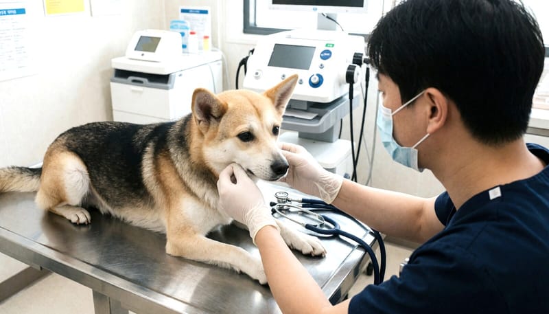 동물병원에서 수의사가 반려견의 잇몸 색을 확인하는 모습