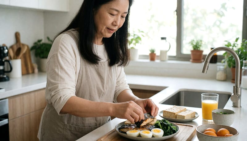 단백질 식품으로 식사를 준비하는 여성