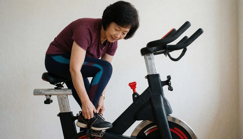 스피닝 신발을 페달에 고정하는 모습