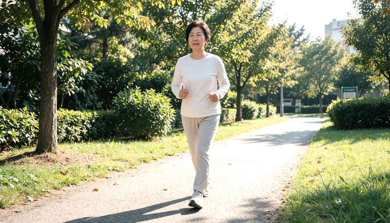 공원에서 가벼운 걷기로 액티브 리커버리를 하는 여성