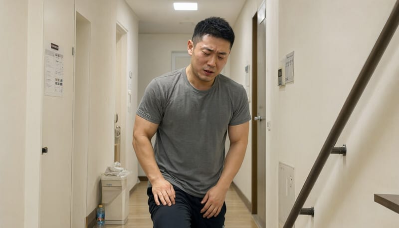 근력운동 다음날 다리 근육통으로 계단을 조심히 내려가는 남성