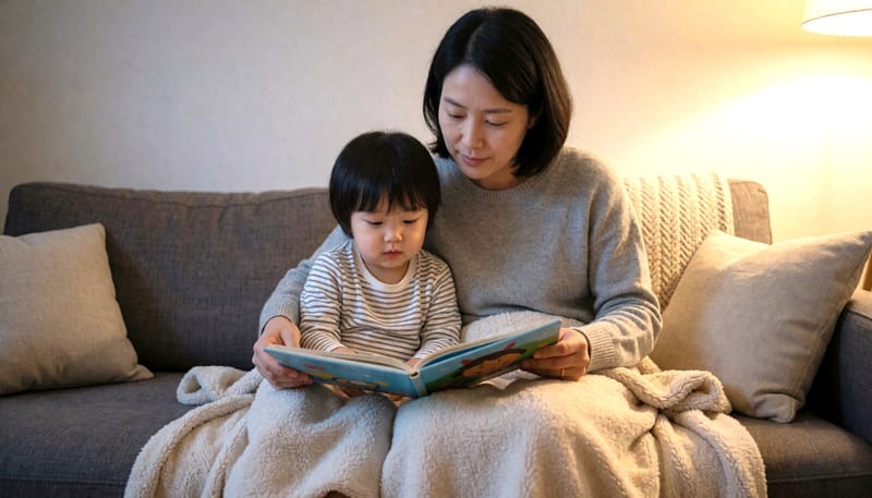 집에서 편안하게 쉬며 교감하는 보호자와 아이의 모습