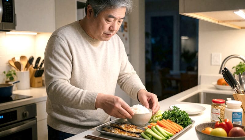 균형 잡힌 혼밥 식단을 준비하는 모습