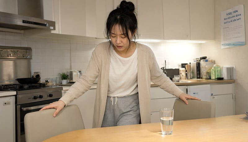 철분 부족으로 어지럼을 느끼며 의자를 붙잡는 여성
