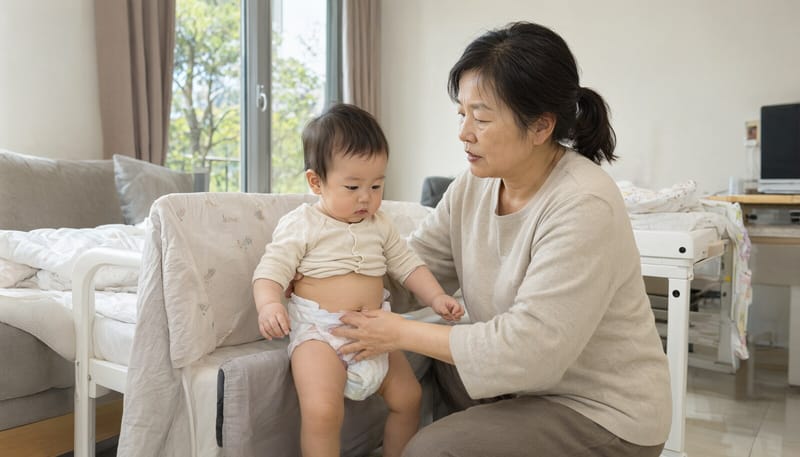 보호자가 아기의 기저귀를 갈며 고환 부위를 살피는 모습