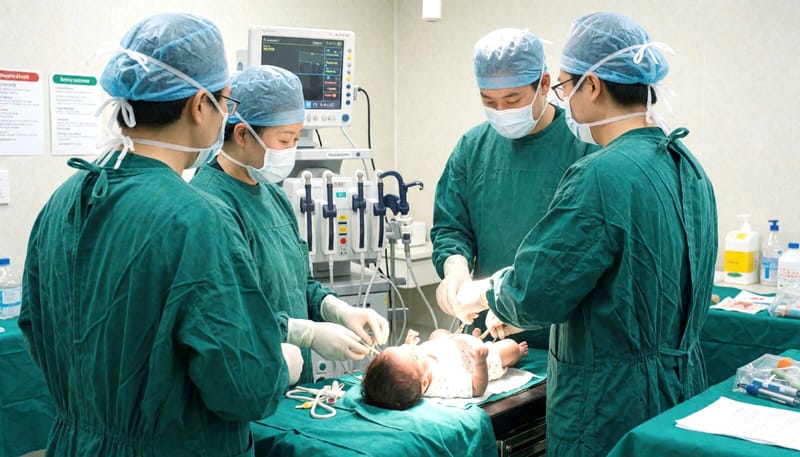 소아 수술실에서 잠복고환 수술을 준비하는 모습