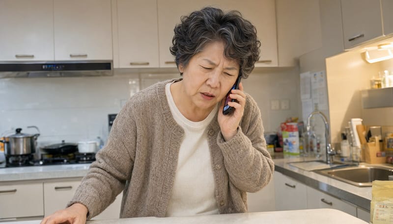 전화 통화 중 말이 막혀 애쓰는 모습