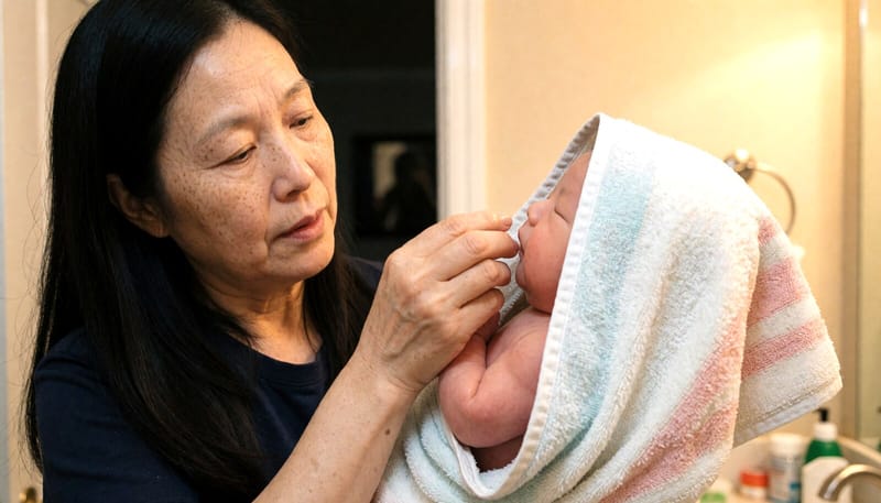 목욕 후 따뜻해진 신생아의 음낭 부위를 살펴보는 보호자