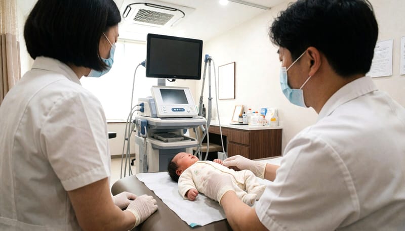 소아청소년과에서 신생아의 서혜부를 촉진해 확인하는 진료 장면
