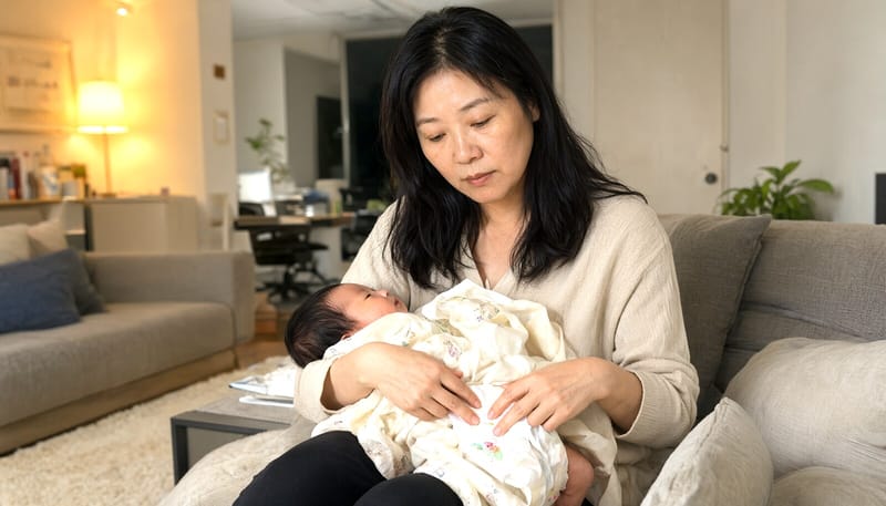 따뜻한 실내에서 배냇저고리를 입은 신생아의 아랫배 부근을 조심스럽게 살피는 모습