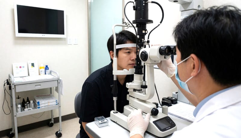 안압검사 장비로 눈 압력을 측정하는 모습