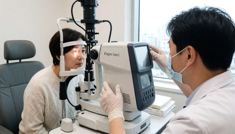 레이저 치료기를 이용해 눈을 치료받는 모습