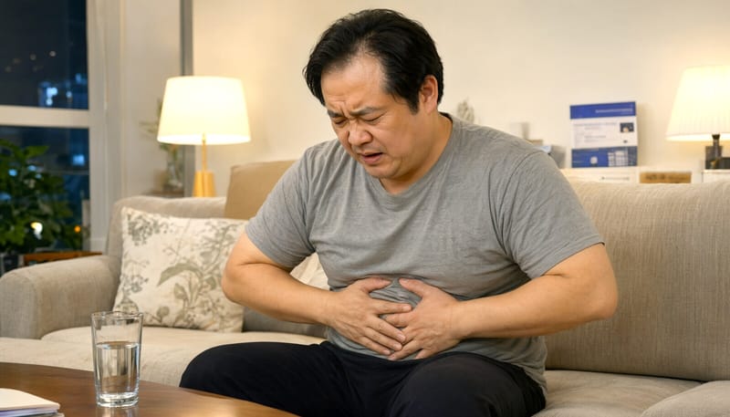 갑작스러운 윗배 통증에 몸을 숙이고 괴로워하는 남성