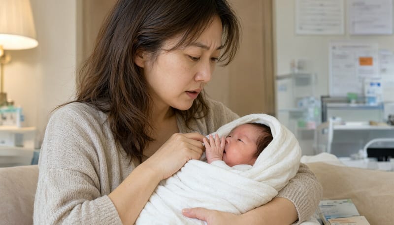 신생아를 안고 얼굴과 손을 유심히 살피는 보호자