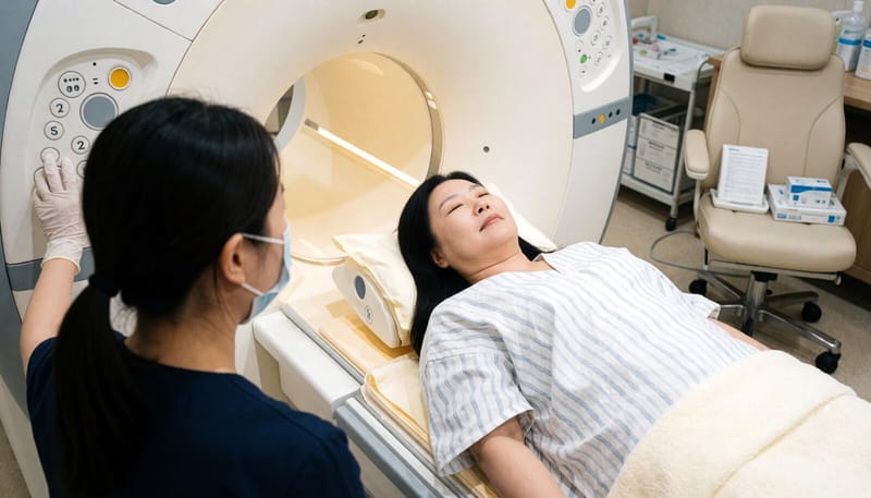 MRI 검사대에 누워 목 디스크 상태를 확인받는 환자